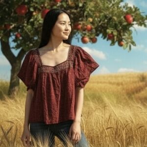 👓Madewell Cinnamon Brown Floral Blouse with Square Neckline